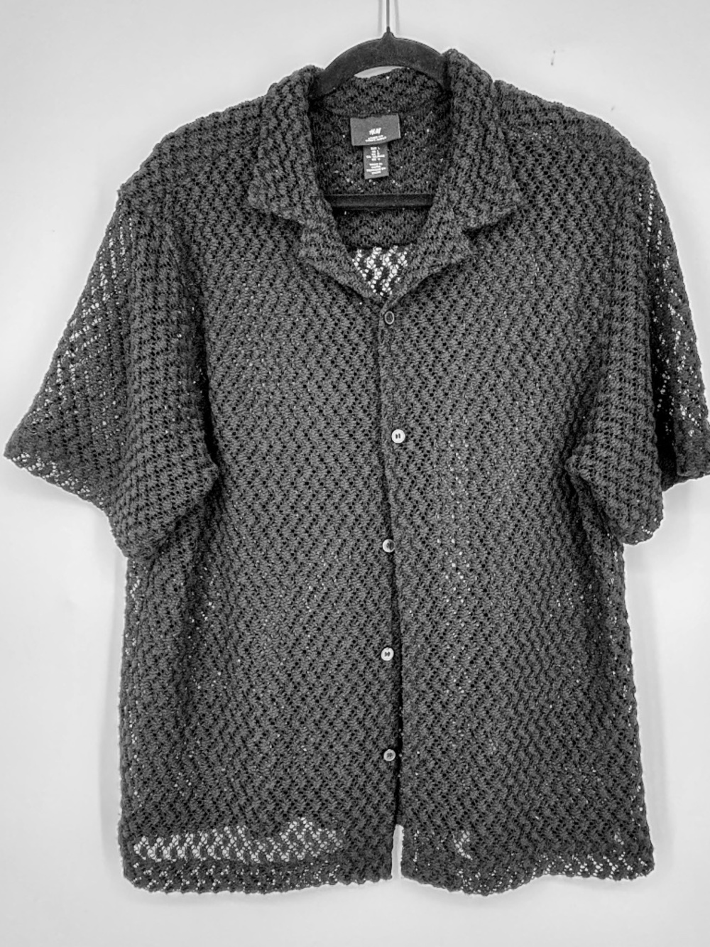 H&M Mens Large Button Front Shirt Black Crochet Open Knit Short Sleeve Loose Fit